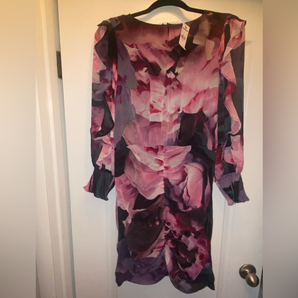 Express Floral Pink, Purple, and Black Mini Dress Sheer Sleeves Ruffles 10 NWT